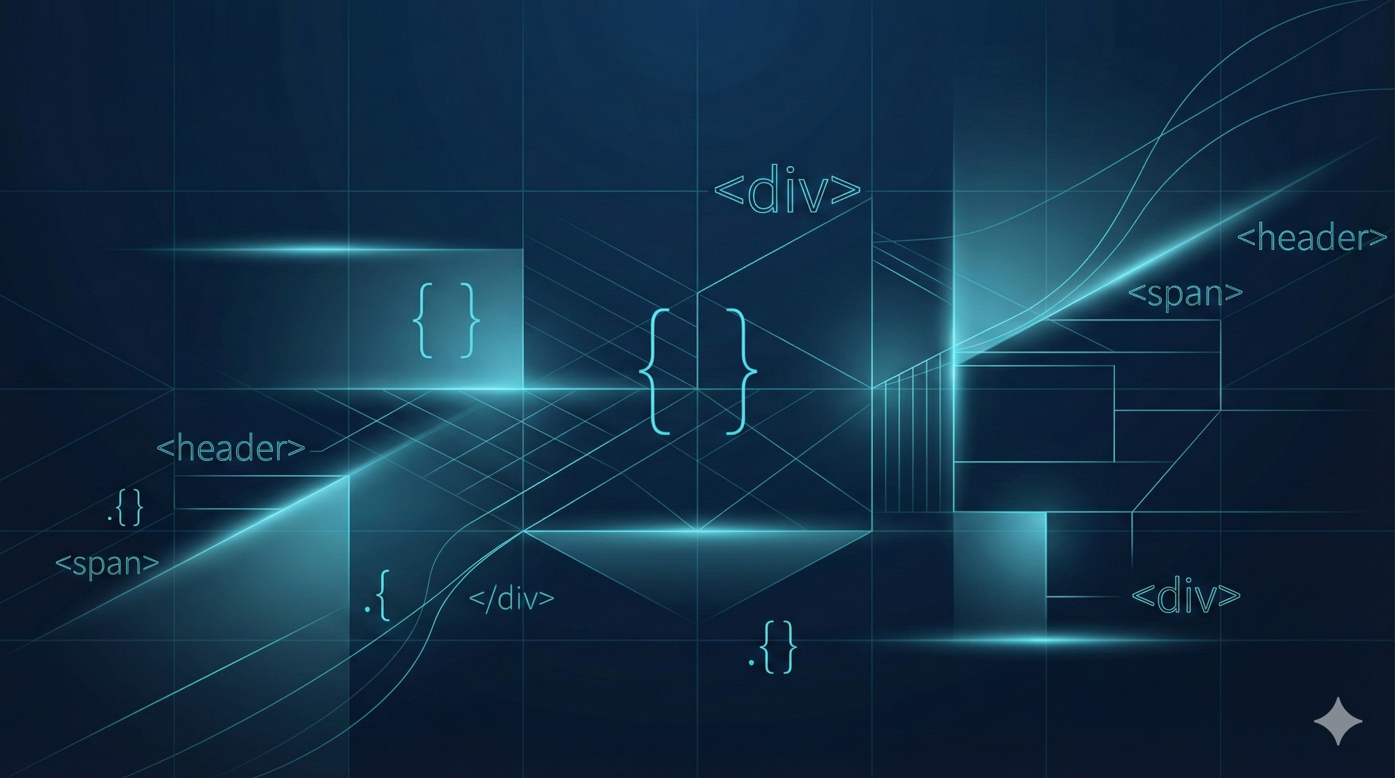 Illustrazione astratta blu con simboli CSS e linee geometriche