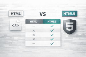 Confronto visivo tra HTML e HTML5 che mostra le principali differenze funzionali e strutturali tramite una tabella comparativa