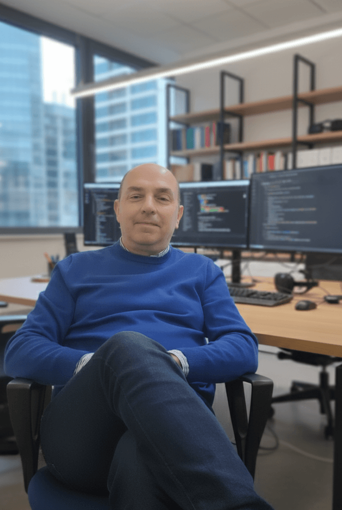 Fabio Gulotta in ufficio, davanti ai monitor con il codice