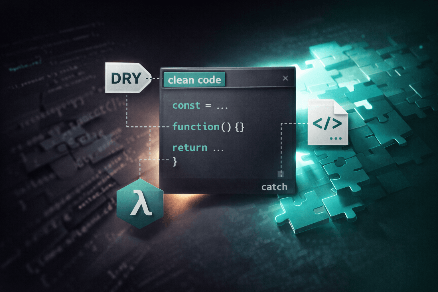 Illustrazione editoriale sul clean code in JavaScript con finestra di codice pulita e contrasto visivo tra caos e ordine, evidenziato da accenti #097e70