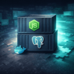 Illustrazione di un ambiente Docker per sviluppatori con container Node.js e PostgreSQL impilati, in stile tech editoriale con accenti #097e70