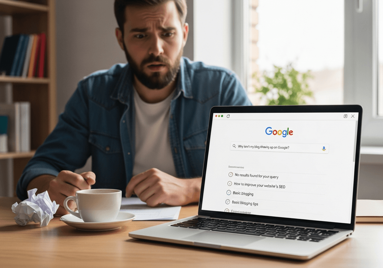 SEO specialist che cerca i propri articoli su Google senza risultati visibili
