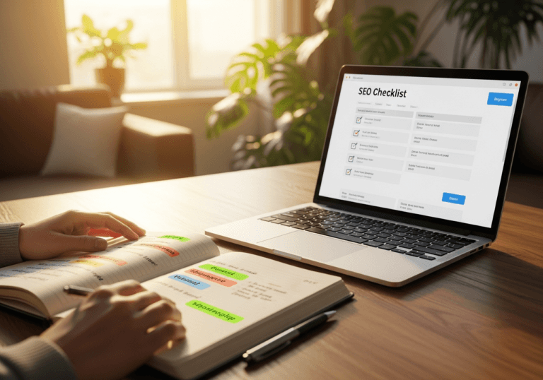 Persona alle prime armi che studia SEO con laptop e taccuino sul tavolo