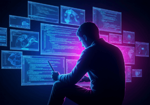 Sviluppatore che controlla una pull request assistito da AI su schermo con codice