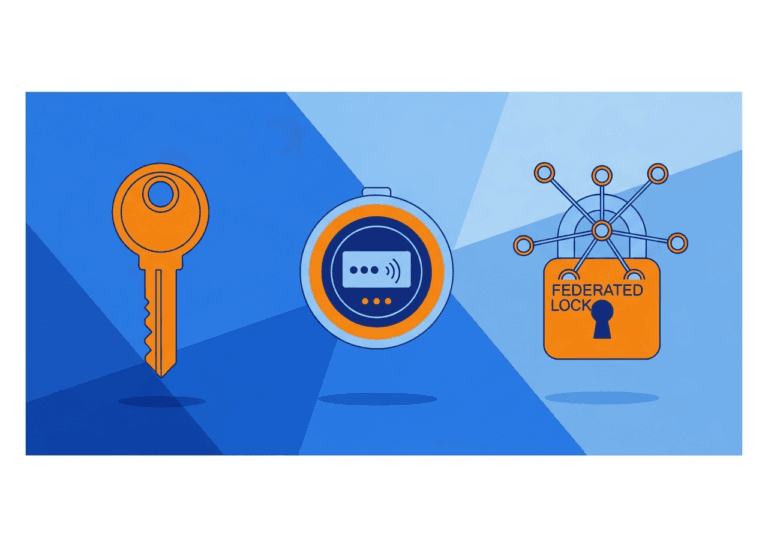 Tre icone di sicurezza rappresentano API Key, JWT e OAuth2 su sfondo tech