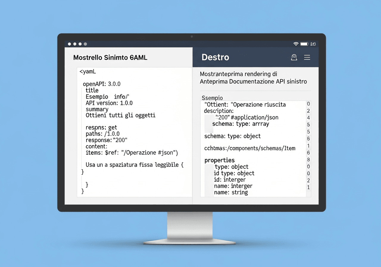 Schermo con file YAML OpenAPI e anteprima di una UI Swagger