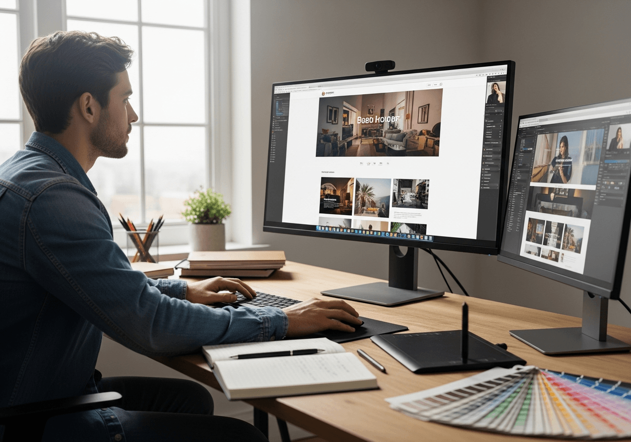Web designer al computer con layout moderno su grande monitor