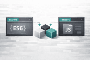 Illustrazione dei moduli ES6 in JavaScript che mostra il flusso import/export tra file e la modularità del codice con componenti separati e collegati