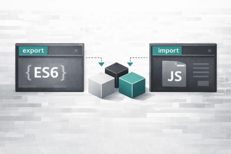 Illustrazione dei moduli ES6 in JavaScript che mostra il flusso import/export tra file e la modularità del codice con componenti separati e collegati