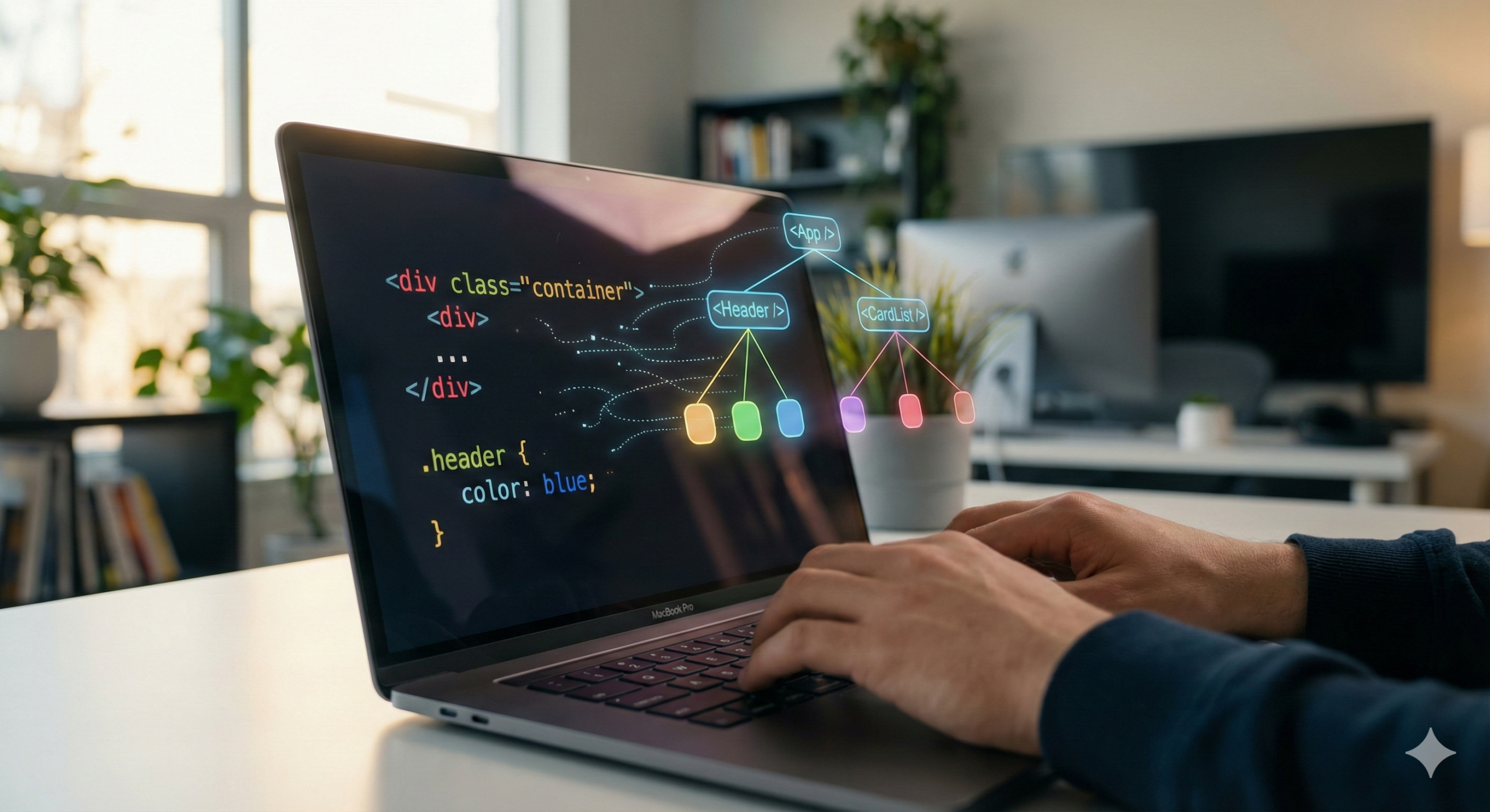 Sviluppatore al laptop con codice React e HTML CSS sullo schermo, concetto base per principianti