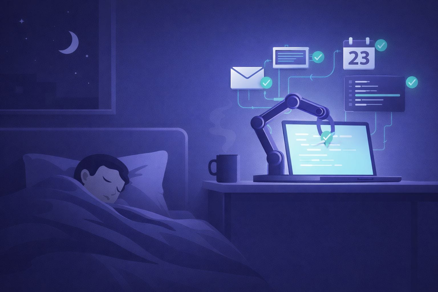 Illustrazione di un agente AI che lavora autonomamente su un computer mentre l'utente dorme